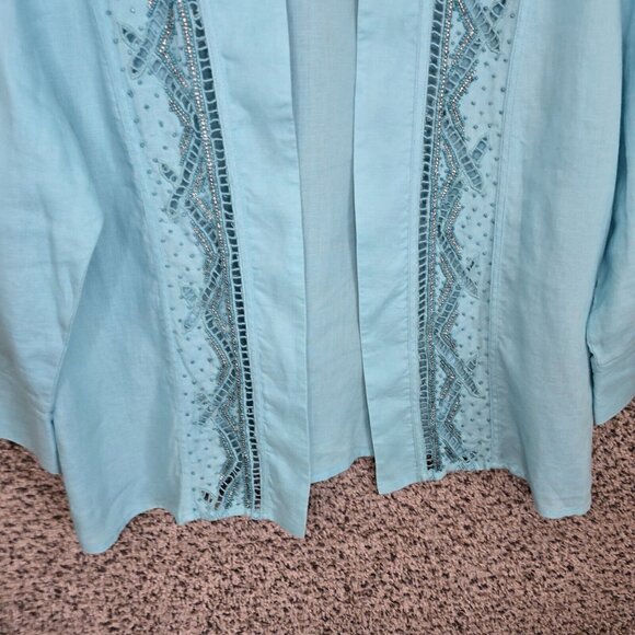 Chicos Cardigan Womens 2 US Large Blue Linen Open Front‎ Beaded Casual Ladies - Picture 5 of 7